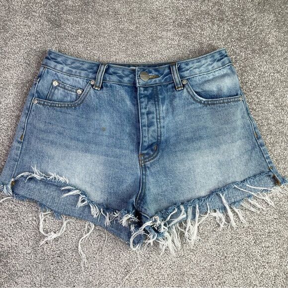 Superdown Cut Off Shorts Women’s 28 Blue High Rise Denim Button Fly Frayed Hem - Picture 1 of 11